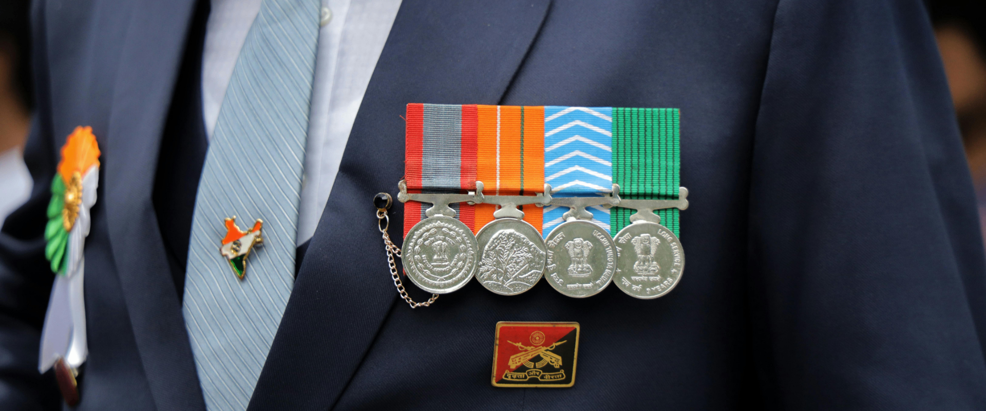 Decorated Indian defence officer wearing service medals